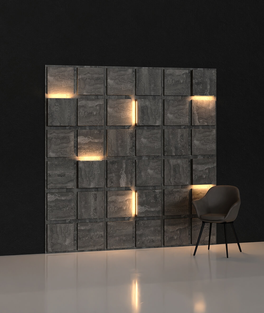 BLOOKi - beton ciemny, panel 3D na ścianę z oświetleniem
