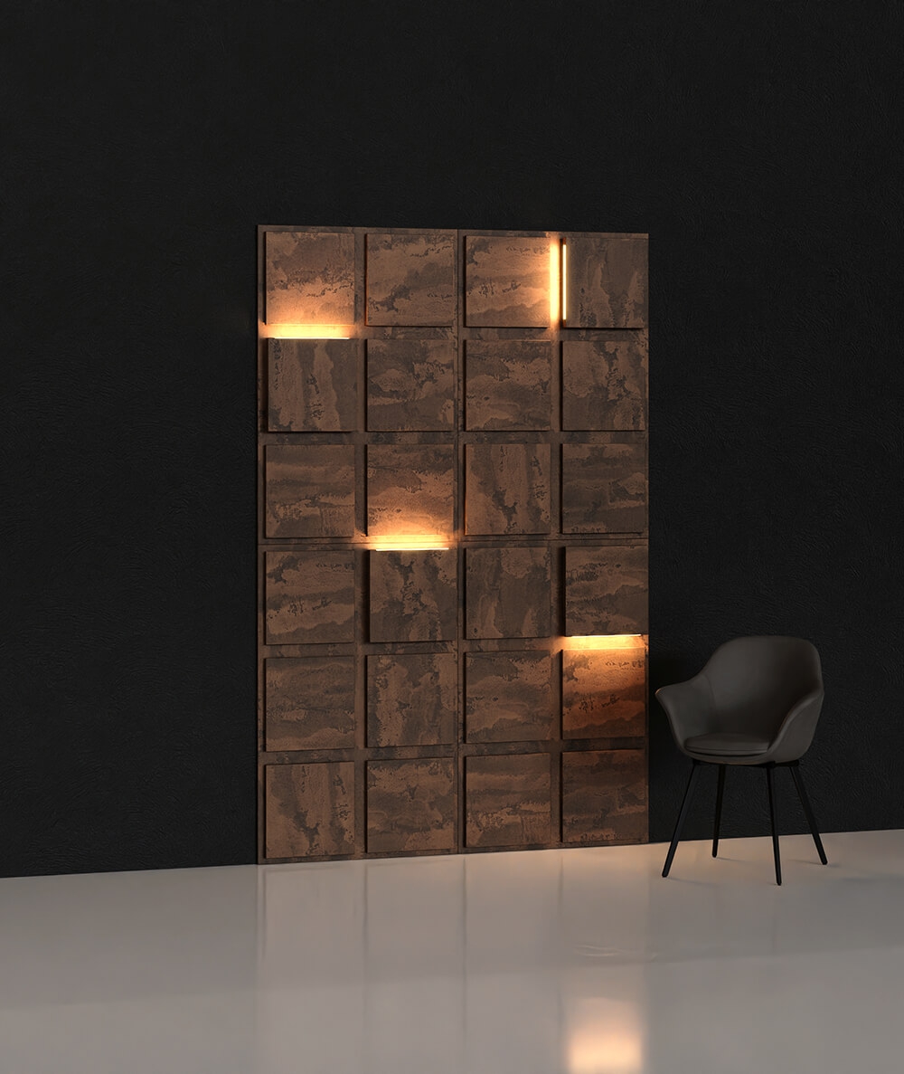 BLOOKi - beton rdzawy, panel 3D na ścianę z oświetleniem